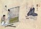 Japan: Traditional crafts and trades of the 18th century from a hand-painted album by an anonymous artist. Folio 8: Making blinds (left), Making writing brushes (right)