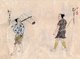 Japan: Traditional crafts and trades of the 18th century from a hand-painted album by an anonymous artist. Folio 10: Itinerant salesman (left), itinerant worker (right)